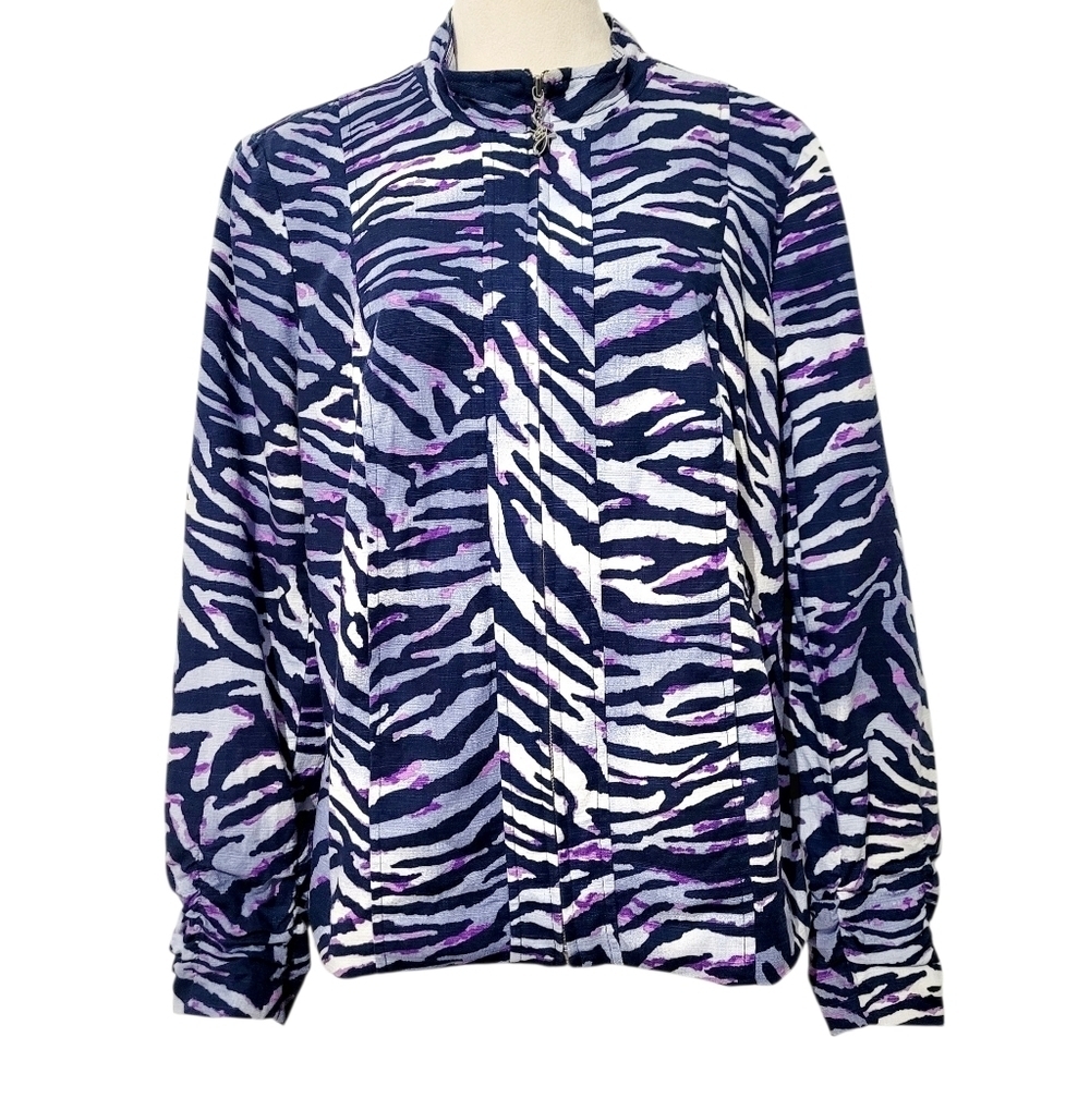 Susan Graver Women’s Zip Front Jacket Size Medium Zebra Print Purple Navy Lined - Picture 3 of 16